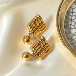 18k gold simple and elegant square knitted texture and ball pendant design earrings - QH Clothing