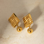 18k gold simple and elegant square knitted texture and ball pendant design earrings - QH Clothing