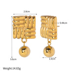 18k gold simple and elegant square knitted texture and ball pendant design earrings - QH Clothing