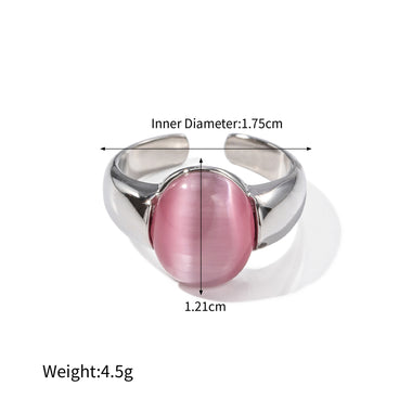 18K gold noble oval inlaid pink cat's eye design ring - QH Clothing