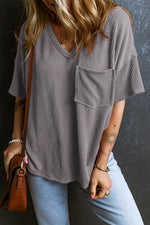 Black Corded V Neck Chest Pocket Loose T-shirt