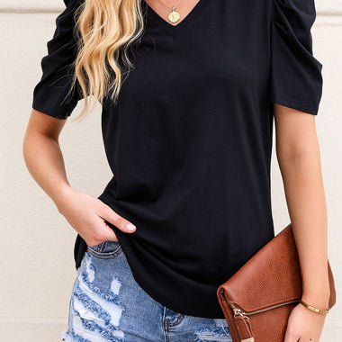 Black Puff Sleeve V-Neck T-Shirt