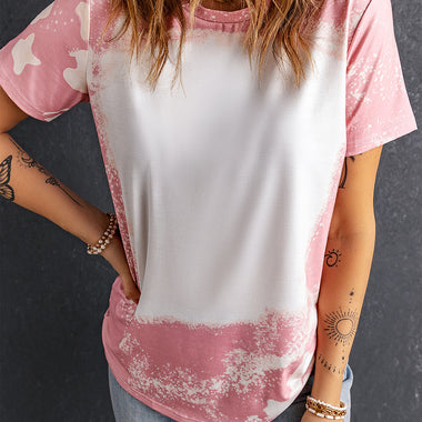 Pink Tie Dye Color Bleached Short Sleeve T Shirt