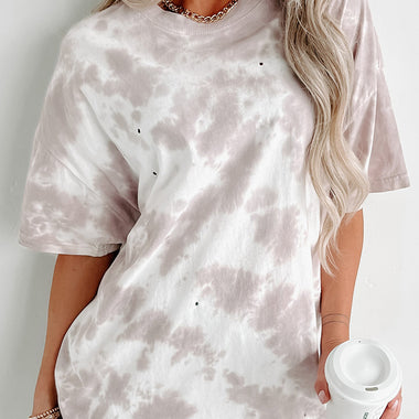 White Tie-dye Round Neck Short Sleeve Top