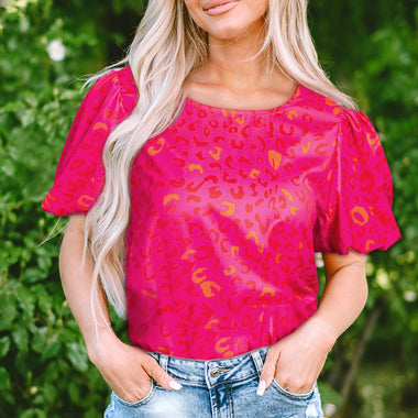 Rose Leopard Printed Puff Sleeve Top