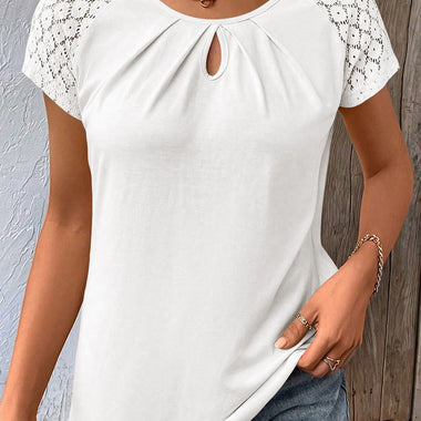 White Contrast Lace Sleeve Keyhole Decor Top