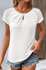 White Contrast Lace Sleeve Keyhole Decor Top