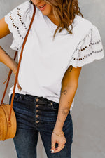 White Hollow Out Ruffle Sleeve T-shirt