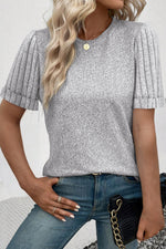 Gray Ribbed Splicing Sleeve Round Neck T-shirt