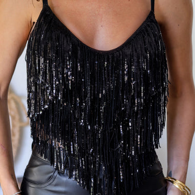 Black Sequin Tasseled Tank Crop Top