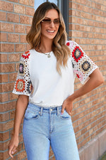 White Floral Crochet Short Sleeve Top