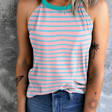 Pink Stripe Round Neck Tank Top