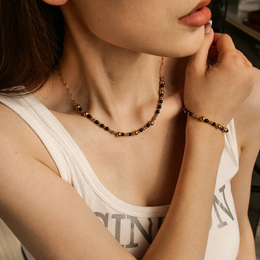18k gold light luxury noble round beads with black agate bead string design necklace bracelet set - QH Clothing