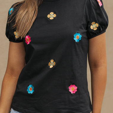 Black Embroidered Flower Short Puff Sleeve Tee