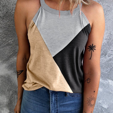 Light French Beige Geometric Color Block Sleeveless Top