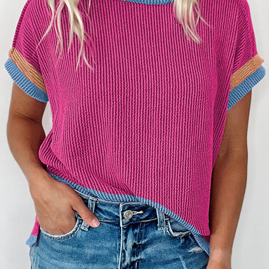 Bright Pink Textured Contrast Trim Round Neck T Shirt