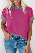 Bright Pink Textured Contrast Trim Round Neck T Shirt