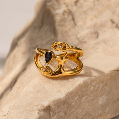 18K gold exquisite simple geometric inlaid gemstone design ring - QH Clothing