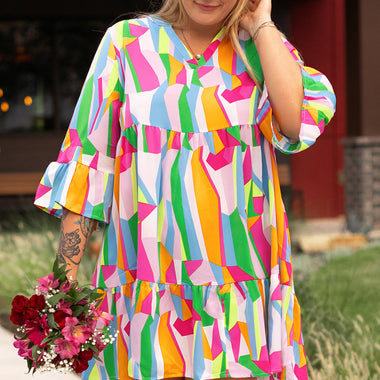 Multicolour Plus Size Vibrant Abstract Print Tiered Ruffled Mini Dress