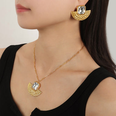 18K gold exaggerated fan-shaped volcano with gemstone design simple style necklace and earrings set - QH Clothing