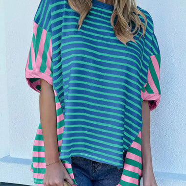 Blue Stripe Colorblock Patchwork Baggy T Shirt