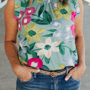 Green Floral Print Ruffle Trim Tank Top