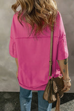 Rose Red Exposed Seam Button Neck Wide Sleeve Tunic Top