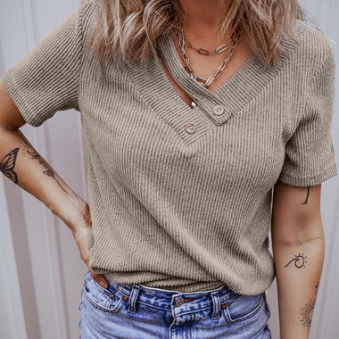 Pale Khaki Ribbed Buttoned Strappy V Neck Tee