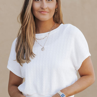 White Textured Knit Short Sleeve Top