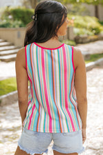 Rose Stripe Rainbow Eyelet Knit Button Decor Tank Top