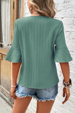 Beau Blue Ruffled Half Sleeve V Neck Textured Top