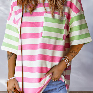 Pink Stripe Contrast Patch Pocket Drop Sleeve T Shirt