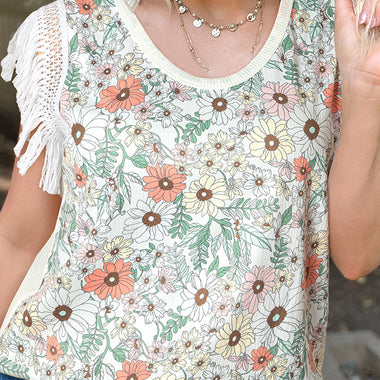 White Floral Crinkle Gauze Lace Fringed Crochet Top