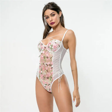 ​Floral Lace Mesh Sexy Bodysuit -  QH Clothing
