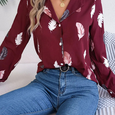 Autumn Winter Elegant Feather Printed Suit Collar Long Sleeve Shirt Women Clothing - Quality Home Clothing| Beauty