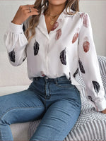 Autumn Winter Elegant Feather Printed Suit Collar Long Sleeve Shirt Women Clothing - Quality Home Clothing| Beauty