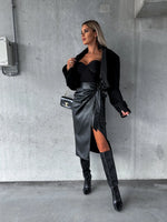 Autumn Winter Women Clothing Split Lace up High Waist Sexy Package Hip Punk Leather Skirt - Quality Home Clothing| Beauty