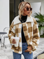 Autumn Winter Zipper  Collared Plush Plaid Coat Loose Office Women Outerwear - Quality Home Clothing| Beauty