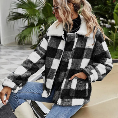 Autumn Winter Zipper  Collared Plush Plaid Coat Loose Office Women Outerwear - Quality Home Clothing| Beauty