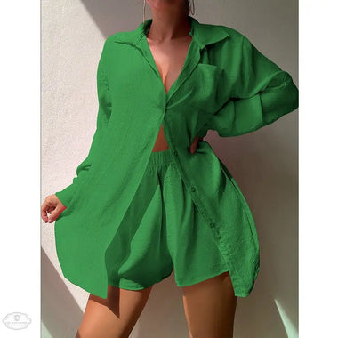Beach Vacation Solid Color Shirt Suit Sexy Loose Sun Protective Clothing Casual Beach Swimsuit Blouse - Quality Home Clothing| Beauty