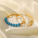 Natural Pearl/Blue Turquoise Light Luxury Vintage 18K Gold Inlaid Bracelet -  QH Clothing