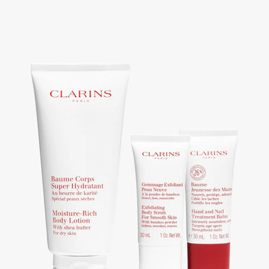 Clarins Body Care Gift Set 200ml Moisture Rich Body Lotion + 30ml Hand And Nail Treatment Cream + 30ml Exfoliating Body Scrub + Wash Bag - QH Clothing