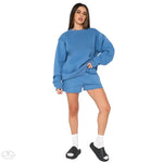 Cotton Autumn Winter Solid Color round Neck Pullover Long Sleeve Sweater Women Casual Shorts Set - Quality Home Clothing| Beauty