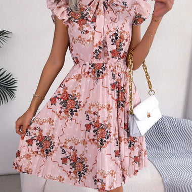Spring Summer Dignified Floral Lace up Waist Controlled Large Hem Pleated Dress Women Clothing - Quality Home Clothing| Beauty