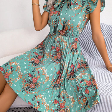 Spring Summer Dignified Floral Lace up Waist Controlled Large Hem Pleated Dress Women Clothing - Quality Home Clothing| Beauty