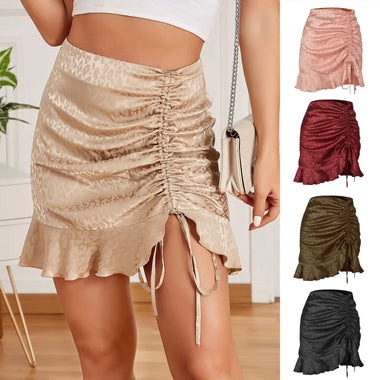 Drawstring Ruffle Leopard Print Skirt Sexy Jacquard Satin Fishtail Skirt Zipper Skirt Women Clothing - Quality Home Clothing| Beauty