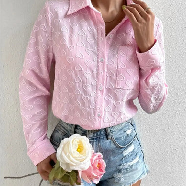 Early Autumn Women Wear Long Sleeve Collared Shirt Heart Shaped Jacquard Cardigan Casual Top - Quality Home Clothing| Beauty