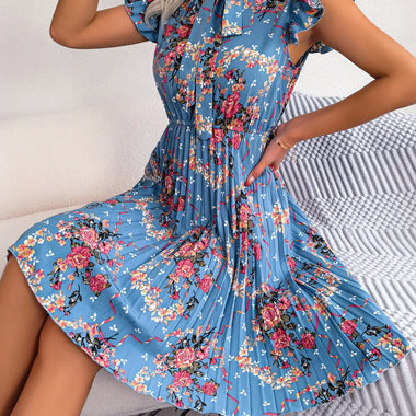 Spring Summer Elegant Wooden Ear Floral Cinched Pleated Dress Women Clothing - Quality Home Clothing| Beauty