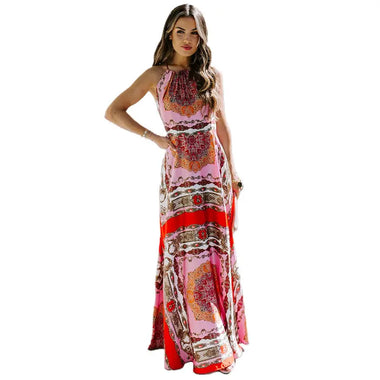 Summer Halter Maxi Dress Sexy Exotic Printed High Waist Sleeveless Office Dress for Women - Quality Home Clothing| Beauty