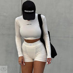 Knitted round Neck Long Sleeve Short Shorts Two Piece Women Autumn Sports Casual Suit - Quality Home Clothing| Beauty